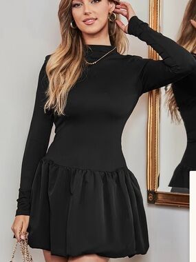 Cupshe Black Long-Sleeve Mock Neck Bubble Hem Dress (sold out online)